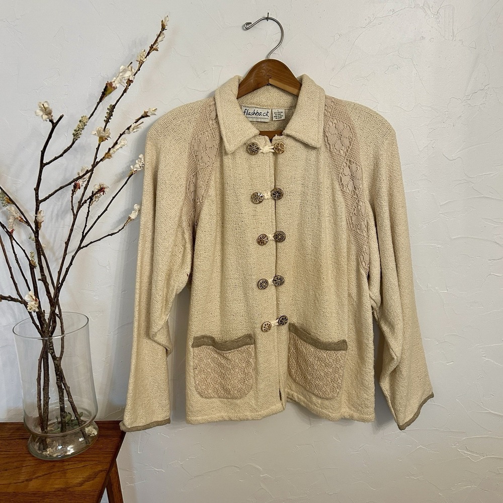 VTG Flashback Cotton/Linen Art To Wear BOHO Jacket Sz L Ivory Cottage Textured